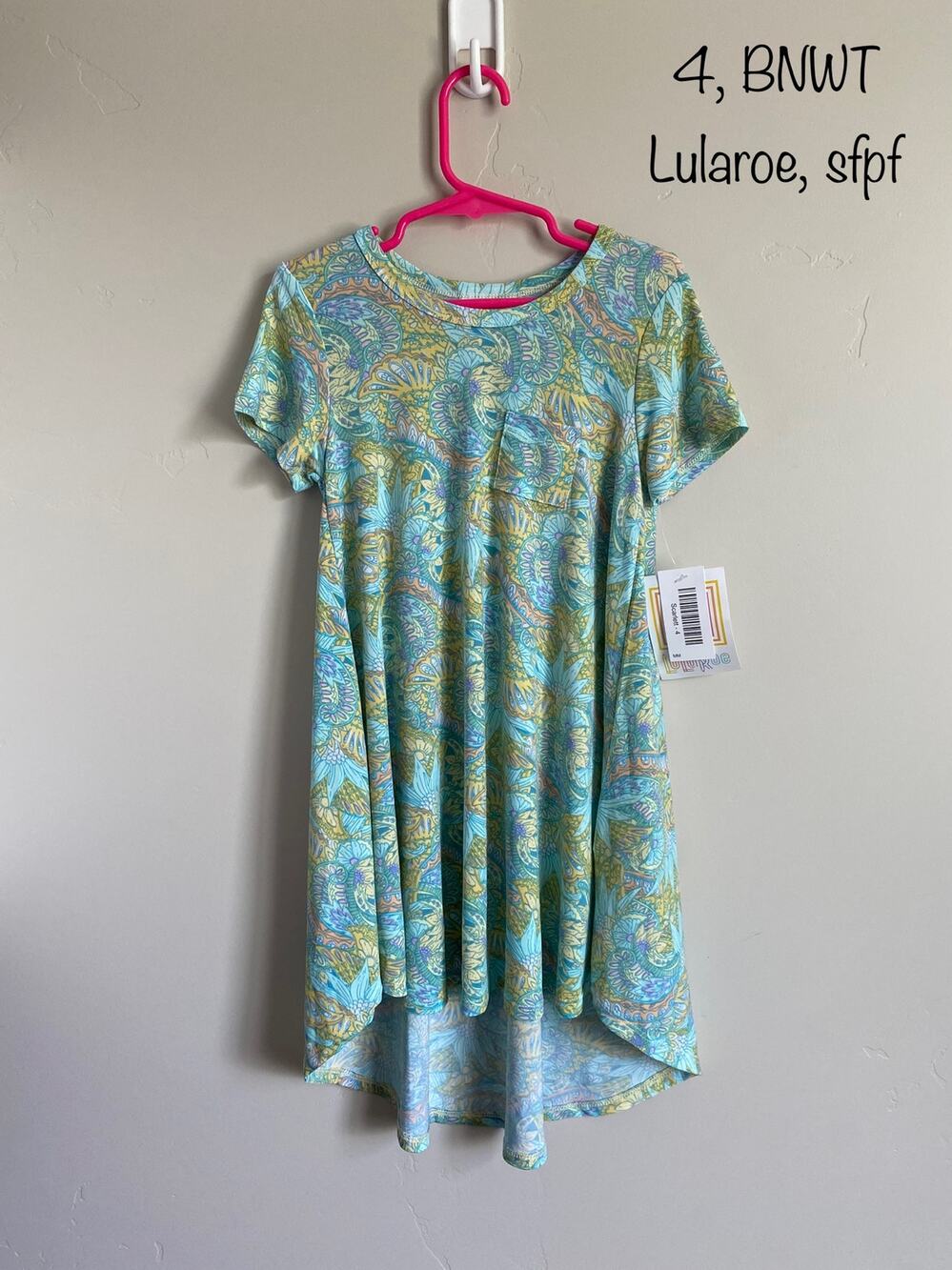 Lularoe Scarlett Hi Low Blue Paisley Print Swing Dress Sz Kids 4 NWT Flowy Twirl